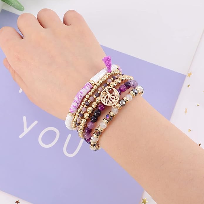 Bohemian Colorful Beaded Bracelets for Women Boho Stackable Natural Stone Letter Clay Glass Beads Stretch Bracelet Set with Charm, Cute Rainbow Friendship Bracelets for Summer Vacation