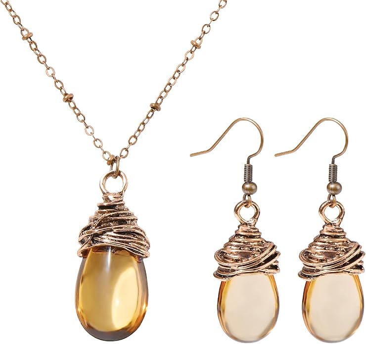 Coiris Brown Jewelry Set for Women Boho Water Drop Necklace and Earrings Set Bohemian Vintage Lantern Pendant Western Dangle Jewelry Gift for Her