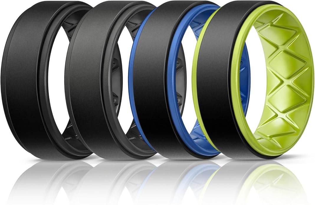 Egnaro Silicone Rings for Men 1/4/5/6/7 Multipack of Breathable Mens Silicone Rubber Wedding Rings Bands - Step Edge