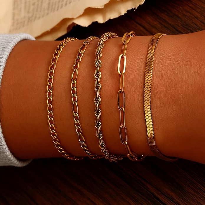 18K Gold Plated Bracelet Sets for Women Waterproof - Trendy Thin Dainty Stackable Cuban Link Paperclip Snake Twisted Chain Fashion Jewelry Accessories Gifts for Women