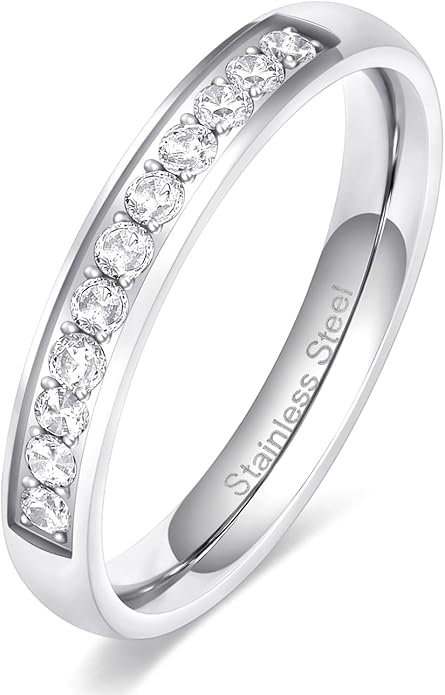 TIGRADE 3.5mm Engagement Ring Half Cubic Zirconia Stainless Steel Eternity Wedding Band for Women Size 3-12.5