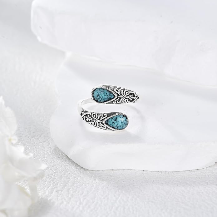 Hummingbird/Dragonfly Turquoise Ring 925 Sterling Silver Floral Spoon Rings Vintage Thumb Band Oxidized Wrap Adjustable Bands Jewelry Gifts for Women Wife Mother Christmas Birthday