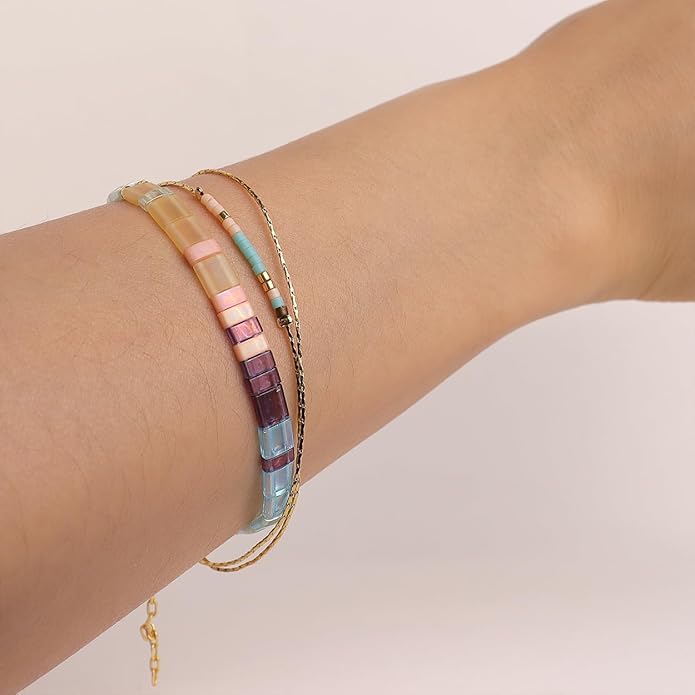 Sonateomber Tila Flat Beaded Stretch Bracelets for Women, Trendy Unique Colorful Square Beads Handmade Stack Bracelet Friendship Accessories Fashion Jewelry Gift