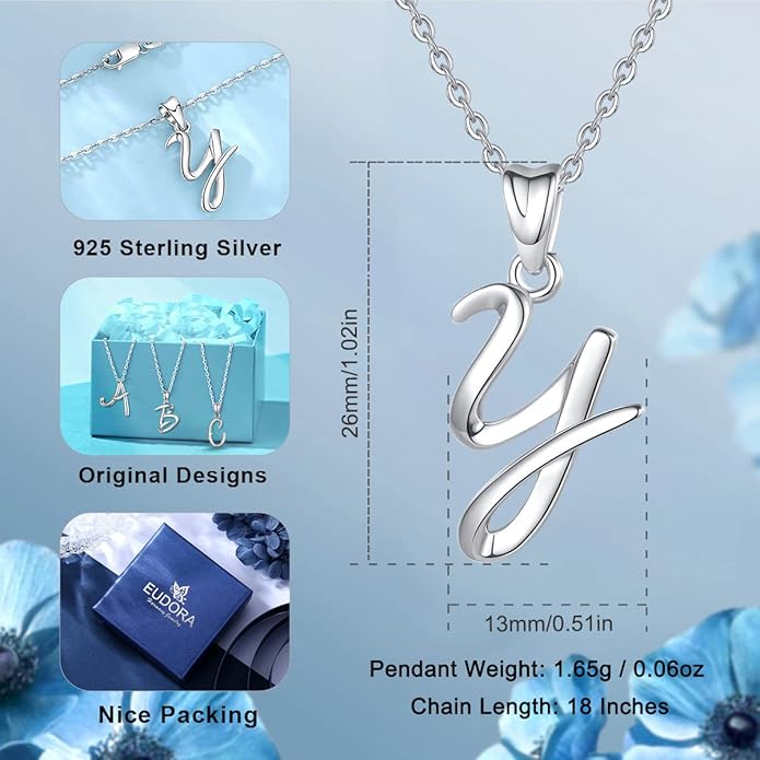 EUDORA Sterling Silver Initial Necklaces for Women, Classic 26 Letter Neckless Gifts for Girls, Sister, Mother Daughter, 18 inch Chain