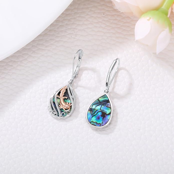 Animal Earrings 925 Sterling Silver Abalone Shell Dangle Drop Earrings Leverback Earrings Cute Animal Jewelry Gifts for Women Girlfriend