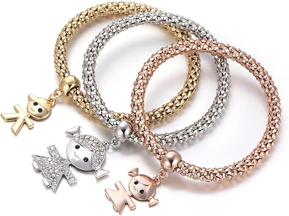 Crystal Charms Multilayer Bracelets - 3PCS Gold/Silver/Rose Gold Corn Chain Bracelet for Women, Tree of Life Heart Shaped Stretch Bracelet