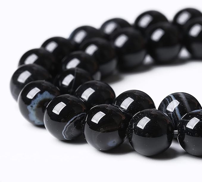 60PCS 6mm Natural Black Striped Agate Beads Gemstone Round Loose Beads for Jewelry Making DIY Bracelet Necklace 15" Inch