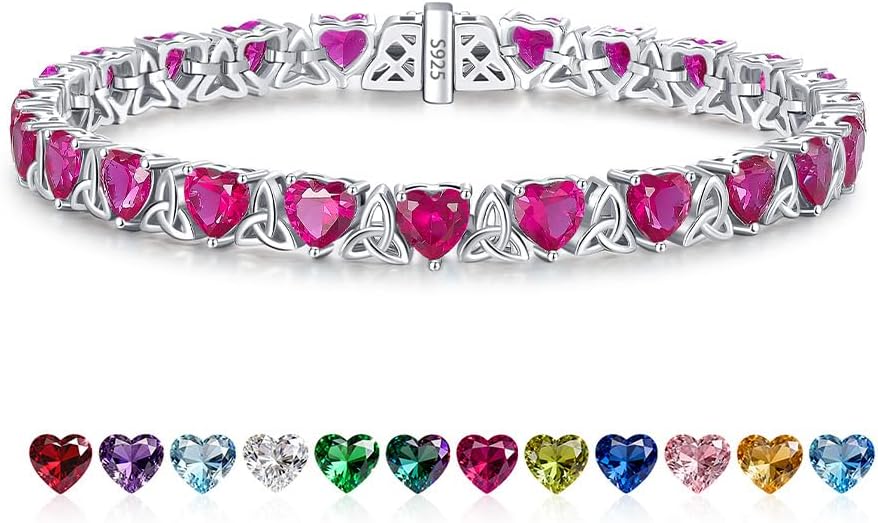Birthstone Tennis Bracelets for Women, 925 Sterling Silver Heart Shaped Celtic Trinity Knot, 7 Inch Charm Trendy Hypoallergenic Anniversary Birthday Gifts for Her