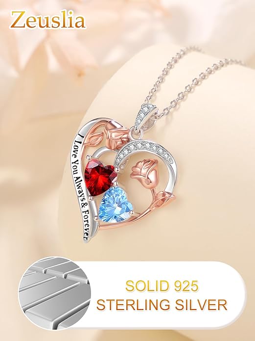 Valentine's Day Gifts for Wife 925 Sterling Silver Double Birthstone Pendant Necklaces I Love You for Always and Forever Necklace Anniversary Birthday Gifts for Wife Girlfriend Mom Her
