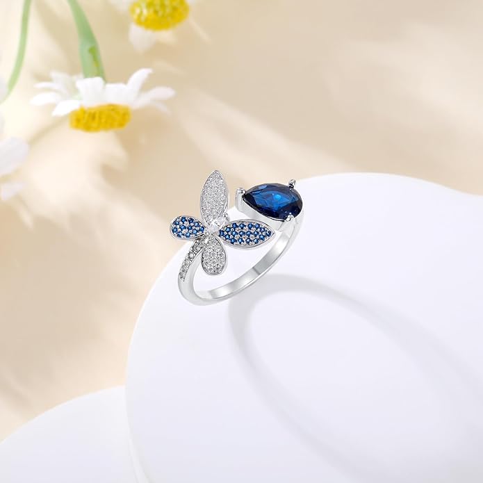 925 Sterling Silver Drangonfly/Butterfly Open Finger Rings Adjustable Dainty Gemstone Sapphire Emerald Green Ring for Women Round/Pear/Princess Engagement Promise Ring