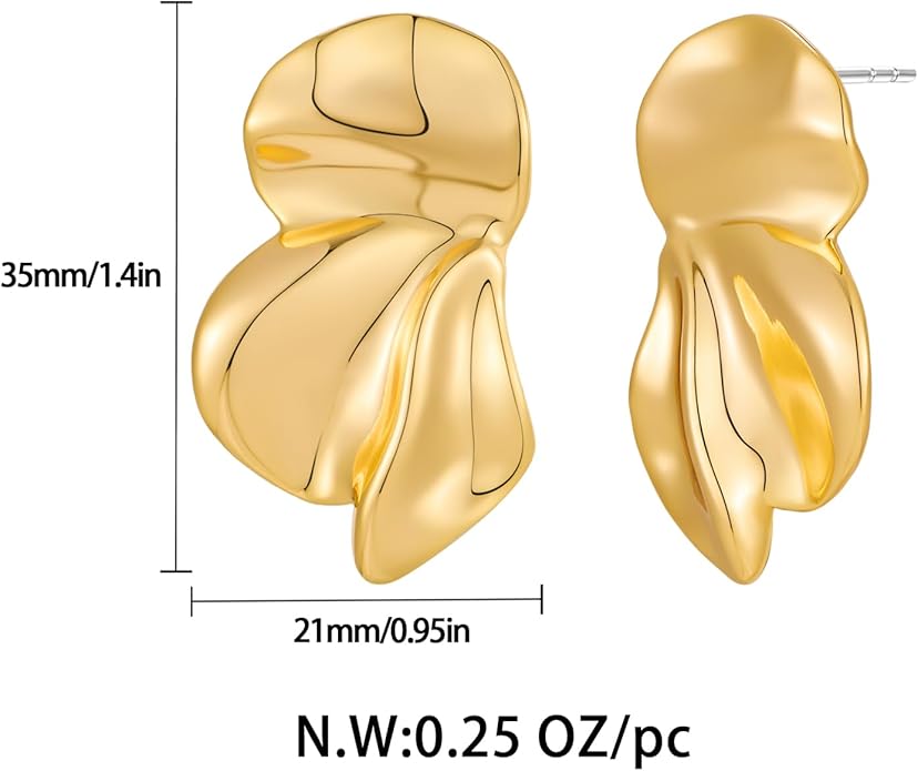 Chunky Gold Statement Earrings For Women Gold Plated Sectored Flower Leaf Shell Angel Wing Earrings Trendy Boho Jewelry For Women Large Stud Earrings Hypoallergenic Earrings