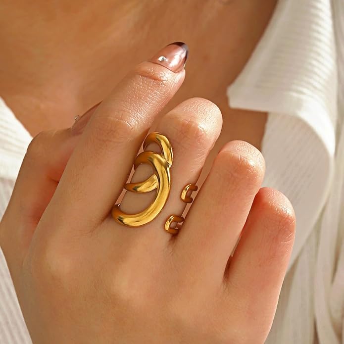 Chunky Rings For Women, Gold Silver Thumb Ring Asymmetrical Wavy Curve Ring Adjustable Non Tarnish Dainty Stainless Steel New Year Anniversary Birthday Jewelry Gift