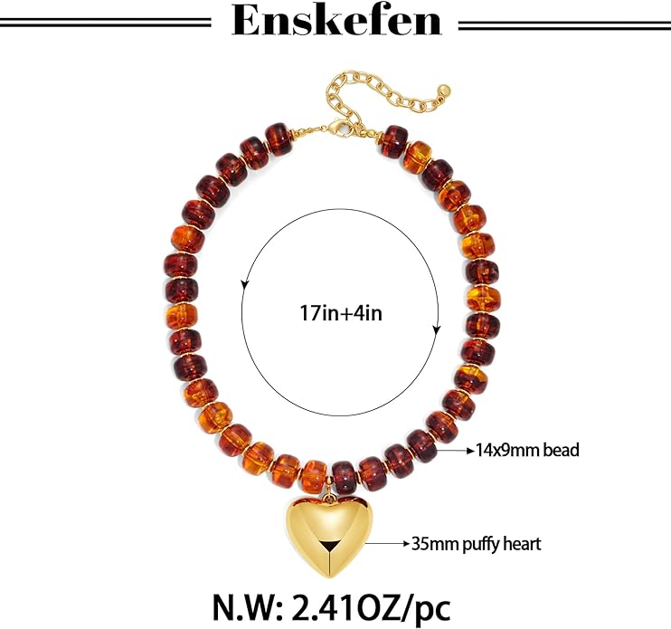 Gold Heart Pendant Necklaces for Women Colorful Acrylic Resin Beaded Choker Necklace Fashion Chunky Statement Beaded Heart Necklace
