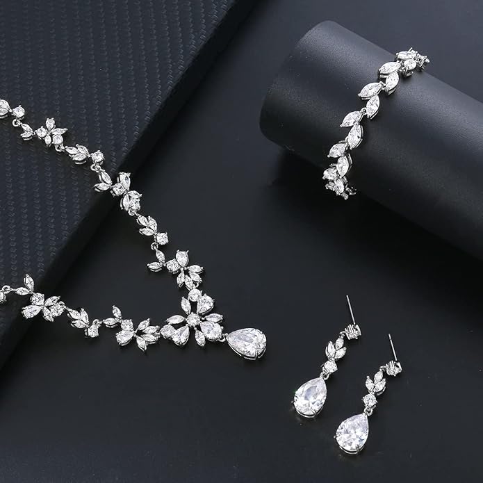 Bridal Wedding Jewelry CZ Set Marquise Teardrop Cubic Zirconia Pendant Necklace and Dangle Earring Bracelet Sets for Women