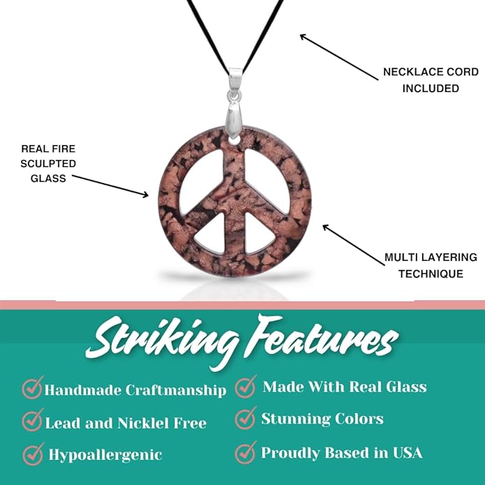 BESHEEK Murano Inspired Peace Sign Blown Glass Lampwork Art Pendant Necklace for Women Handcrafted Artisan Hypoallergenic Italian Style Jewelry