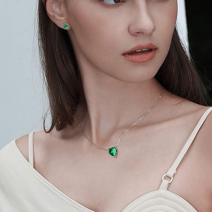 Aurora Tears Hearts Necklace Earrings Jewelry Sets - Women 925 Sterling Silver Birthstone Pendants Earrings Set Crystal Wedding Birthday Jewelry