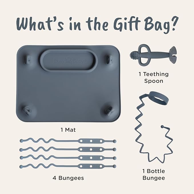 Busy Baby Gift Set - Includes 1 Busy Baby Mat 1 - Bottle Bungee 1- Teething Spoon and 4 Universal Bungee Straps in a Gift Bag, Keeps Baby Essentials Within Reach (Pewter)