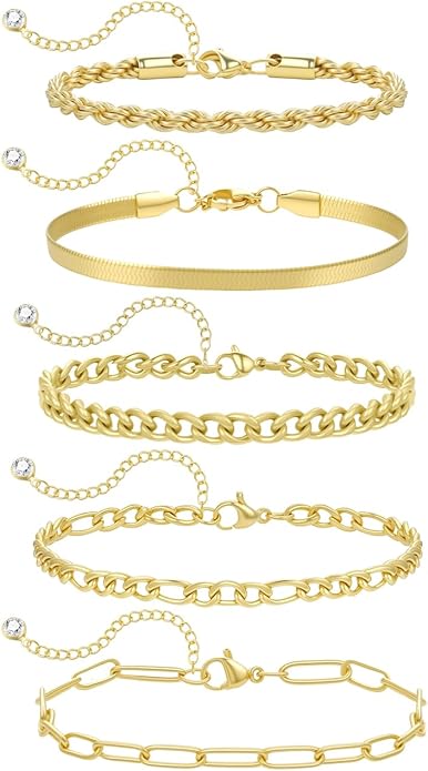 Emibele Gold Bracelets for Women, Dainty Adjustable 14K Gold Plated Bracelet Stack, Elegant Beaded Link Chain Bracelet Sets, Jewelry Gifts for Women