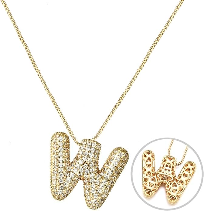 RWQIAN Letter Necklace for Women Bubble, Chunky Initial Alphabet A-Z Pendant Puffy Name Personalized Necklace Dainty Zircon CZ Fashion Jewelry Gifts for Girls Girlfriend