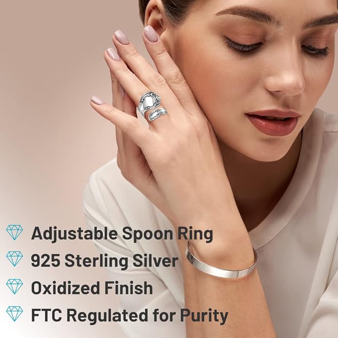 JewelryWeb - 925 Sterling Silver Oxidized Spoon Ring - Adjustable Sterling Silver Rings for Women - Boho Statement Jewelry - Handmade Wrap Ring