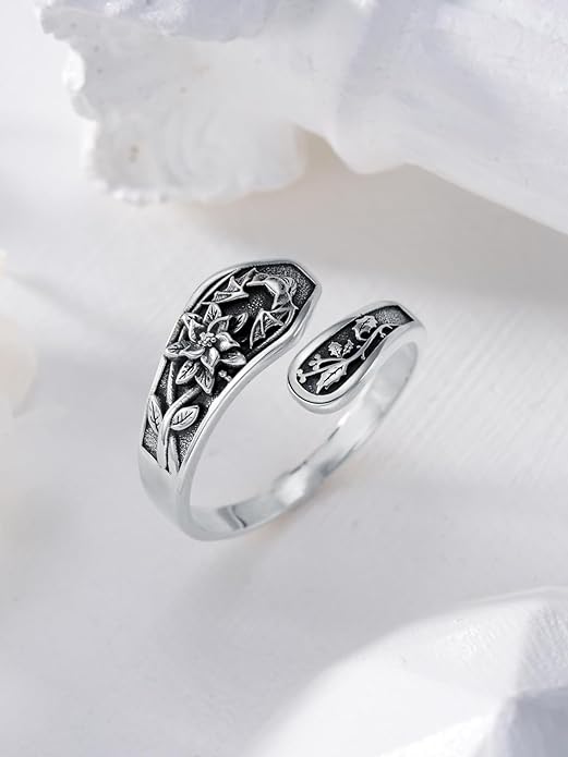 Midari Sun and Moon/Bee/Celtic/Life of Tree/Lotus Spoon Ring for Women 925 Sterling Silver Adjustable Ring Open Ring for Women Men Halloween Birthday Gift