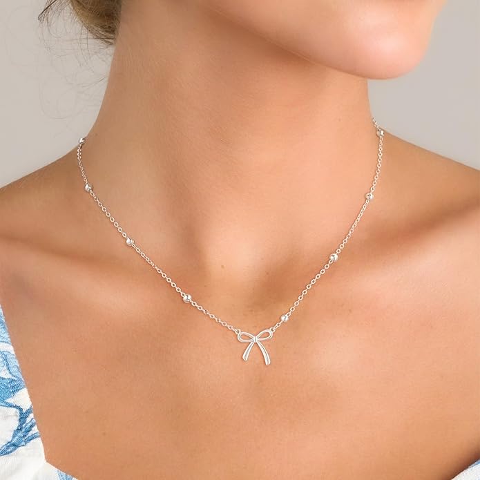 Valentines Day Gifts for Her - Dainty Bow Necklace for Women 14K Gold Plated Cute Choker Small Pendant Charm Necklaces Teen Gift Trendy Stuff Personalized Jewelry
