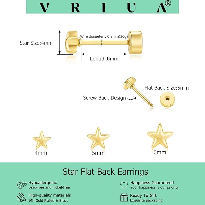 VRIUA 20G Tiny Flat Back Earrings for Women - 14K Gold/Silver Plated Small Flat Back Stud Earrings Hypoallergenic Cartilage Helix Piercing Jewelry