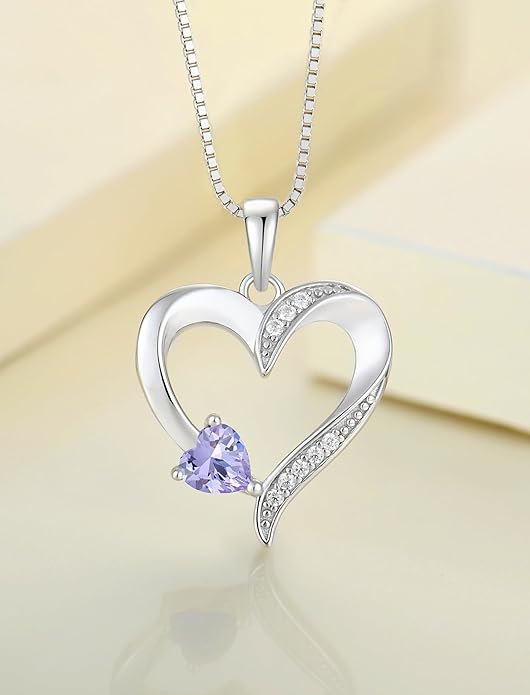 YL Heart Necklace 925 Sterling Silver Love Heart Pendant Birthstone Jewelry for Women