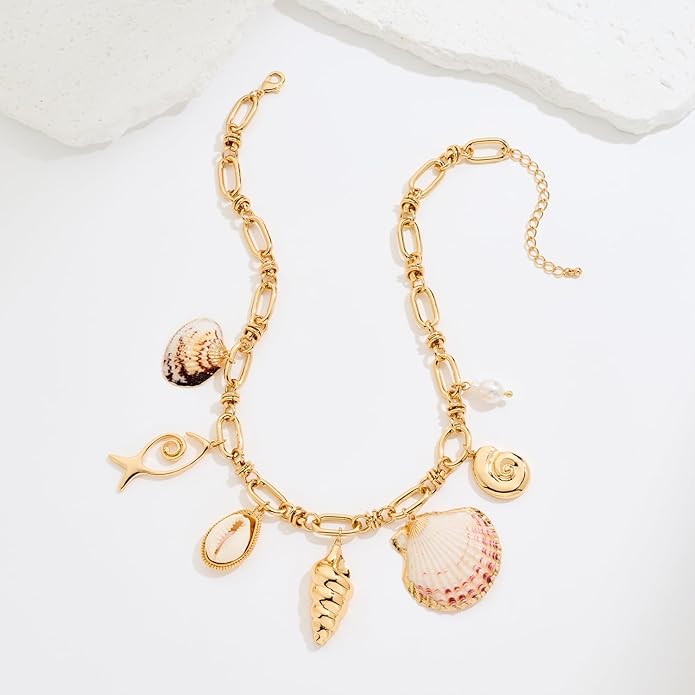 LILIE&WHITE Gold Sea Shell Necklaces for Women With Trendy Charms Necklaces Summer Beach Necklace Starfish Charms Fashion Jewelry Gift