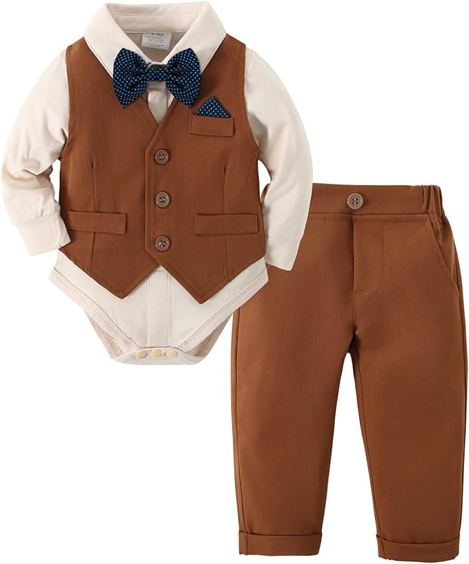 DISAUR Baby Boy Clothes Toddler Boy Outfits 4PCS Gentleman Dress Romper/Vest/Pants/Bow Tie Cotton Suit Sets