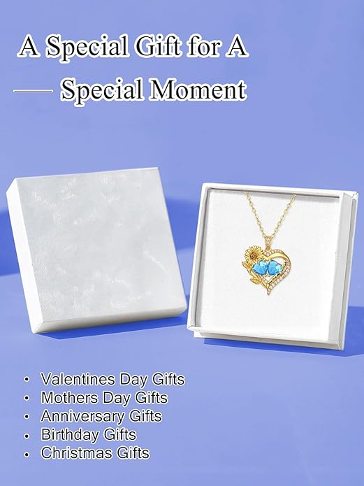 Sunflower Heart Necklace for Women 14K Gold Exquisite Valentines Day Anniversary Birthday Gifts for Wife Mother Her Double Birthstone Pendant Jewelry‘You Are My Sunshine’
