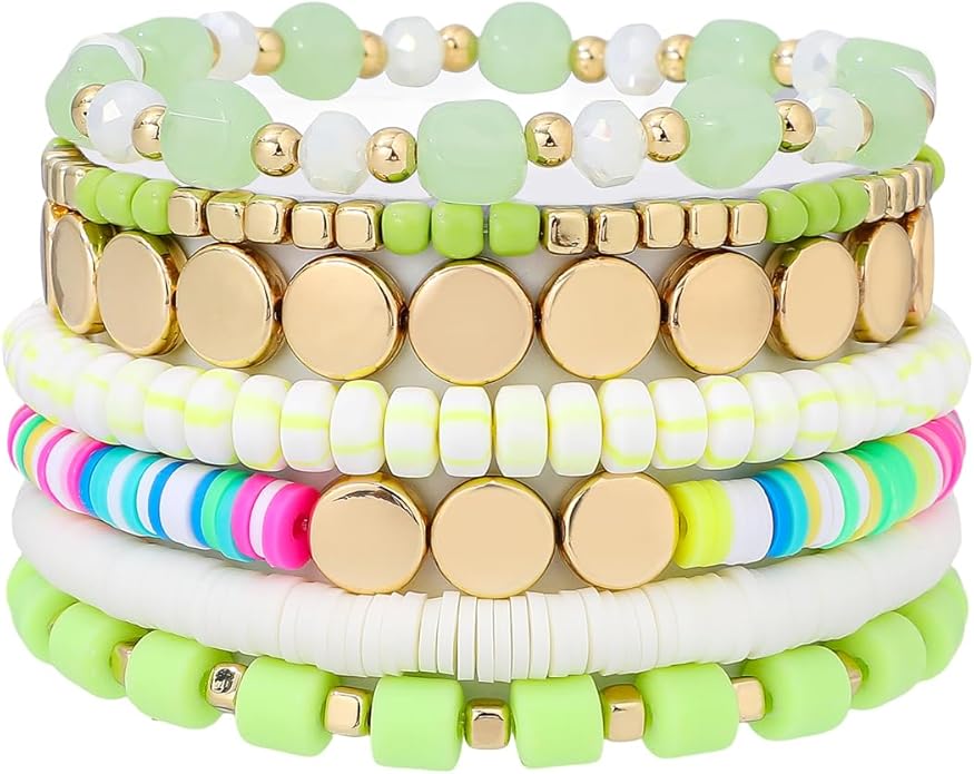 GOOJIDS Surfer Heishi Clay Bead Bracelets for Women Bohemian Stackable Gold Plated Beaded Stretch Bracelets Elastic Layering Friendship Bracelets Set Boho Jewelry