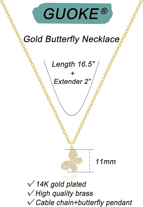 14K Gold Plated Dainty Pendant Butterfly Bead Boot Bee Baseball Flower Compass Airplane Heart Hummingbird Tree Necklace Simple Jewelry Gift for Women