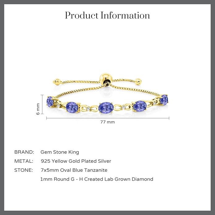 Gem Stone King 7X5MM Oval Cut Gemstone Birthstone and Accent Lab Grown Diamond Tennis Bracelet For Women In 18K Yellow Gold Plated Silver | Adjustable Bolo Bracelet For Women | Easy-On Easy-Off