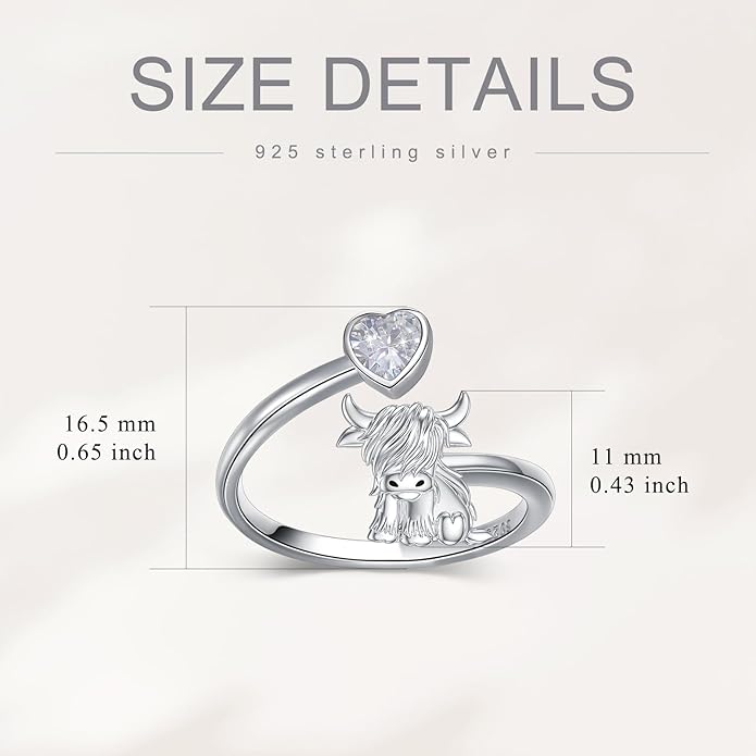 Highland Cow Ring 925 Sterling Silver Adjustable Ring Birthstone Ring Engraved Name Highland Cow Gifts Jewelry for Women