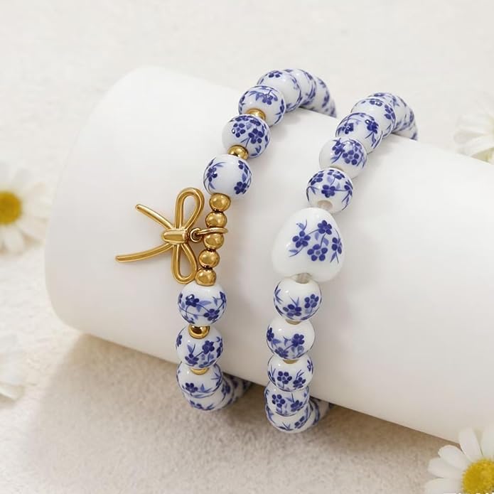 Butterfly Charm Bracelet Set - Blue and White Porcelain Beaded, Adjustable Vintage Stretch Bracelets for Women, Handmade Dainty Jewelry Gift