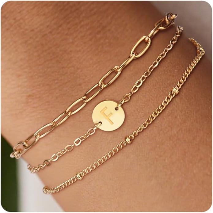 Valentines Day Gifts - Gold Initial Bracelets for Women - 18K Gold Plated over Stainless Steel Letter Charm Bracelet with Layered A to Z Design - Birthday Christmas Jewelry Gifts