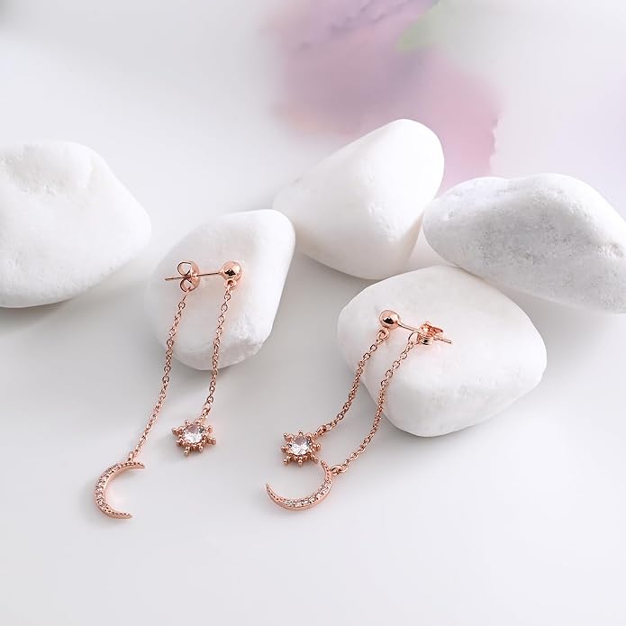 Moon and Star dangle Earrings for Women Chain Tassel with Cubic Zirconia Drop Celestial Jewelry for Wedding Gift