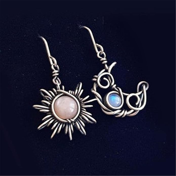 ANDPAI Unique Chic Abstract Hollow Black Vintage Silver Asymmetry Moon Star Sun Dangle Drop Earrings Black Moonstone Moon Hypoallergenic Earrings for Women Statement Jewelry Gifts