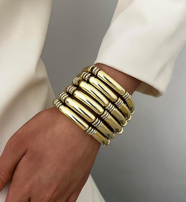 iF YOU 6pcs Chunky Acrylic Bangle Bracelets for Women, Resin Bamboo Brown Stretchy Bracelet Stack, Fashion Jewelry for Women