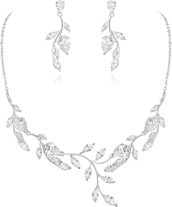 EVER FAITH Wedding Jewelry for Bride Women Bridesmaid, Sparkly Cubic Zirconia Pear-Shaped Birthstone Leaf Necklace Earrings Set for Prom
