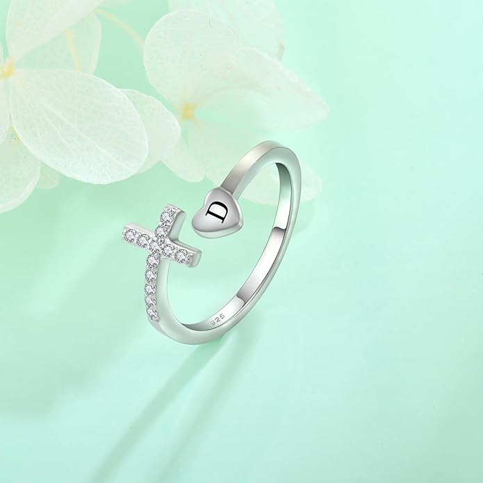 STARCHENIE Cross Initial Ring for Women 925 Sterling Silver Letters A-Z 26 Alphabet Adjustable Ring Size 7
