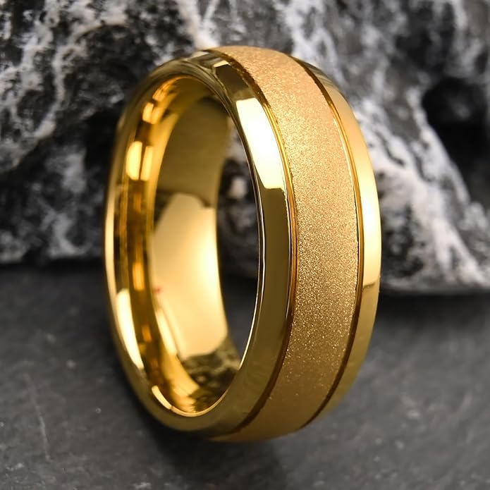 Golden Tungsten Carbide Ring for Men Women 8mm/6mm Sandblasted Inlaid Groove Men's Engagement Wedding Bands Fashionable and Luxurious