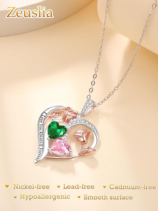 Valentine's Day Gifts for Wife 925 Sterling Silver Double Birthstone Pendant Necklaces I Love You for Always and Forever Necklace Anniversary Birthday Gifts for Wife Girlfriend Mom Her