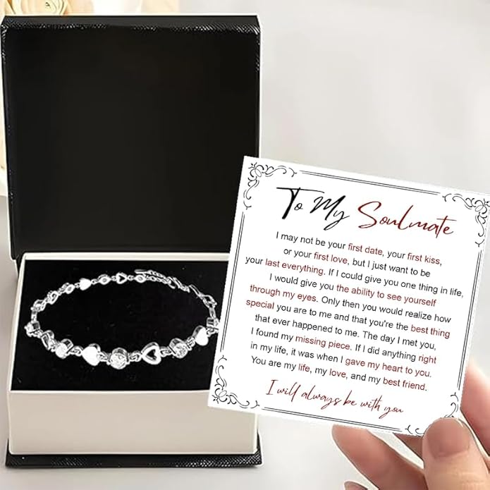 To My Soulmate Bracelet for Women, Heart Chain Bracelet with Shiny Stones, Perfect Birthday or Anniversary Christmas Gift for Soulmate with Message Card and Gift Box