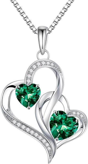 Iefil Valentines Day Gifts for Her - 925 Sterling Silver Double Birthstone Necklace, Heart Necklaces for Women, Anniversary Birthday Gifts, Personalized Jewelry Gift for Wife Mom Girlfriend