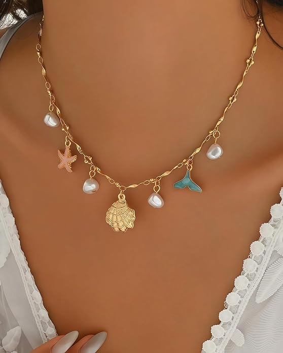 Shell Starfish Necklace for Women, 14k Gold Plated Boho Layered Beaded Charm Pendant Necklace, Dainty Adjustable Pearl Conch Summer Beach Vacation Jewelry Gifts