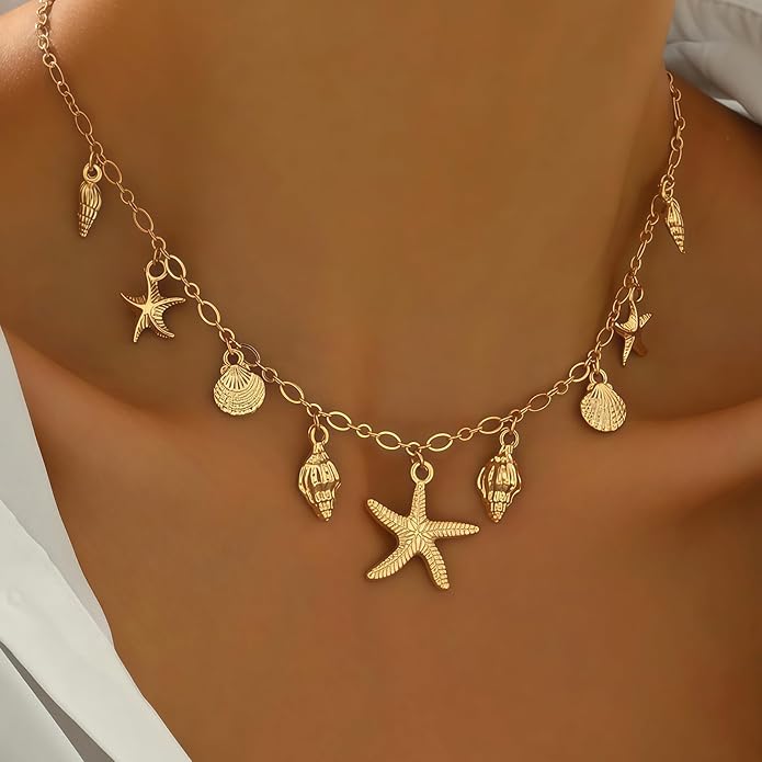 Shell Starfish Necklace for Women, 14k Gold Plated Boho Layered Beaded Charm Pendant Necklace, Dainty Adjustable Pearl Conch Summer Beach Vacation Jewelry Gifts