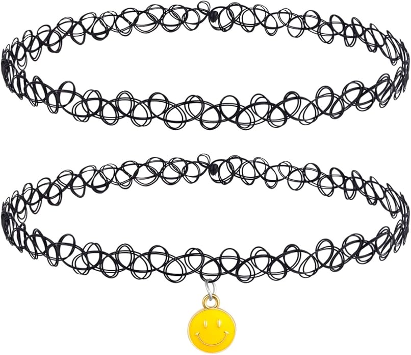 BodyJ4You 2PC Tattoo Choker Necklace - 90s Choker Necklace Women - 2000s Y2K Black Chokers Rainbow Choker - Butterfly Ying Yang Unicorn Rainbow Charms - Stretchy Elastic Necklace