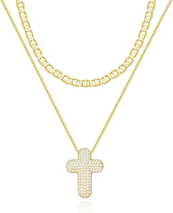 OGD Bubble Cross Necklace for Women 14k Gold Plated Cross Necklace Stackable Dainty Gold Necklace Mariner Chain Necklace CZ Cross Pendant Necklaces Set Simple Jewelry Gift
